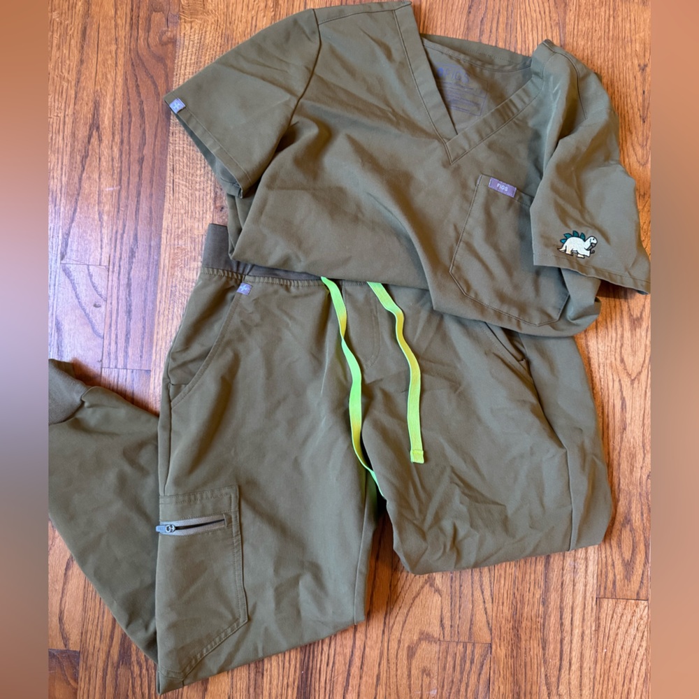 Figs Olive Green Scrub Set with Neon Accents